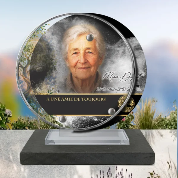Plaque funéraire médaillon rond arbre de vie posée sur socle ardoise du Brésil, fixation inox, 1er sous-décor
