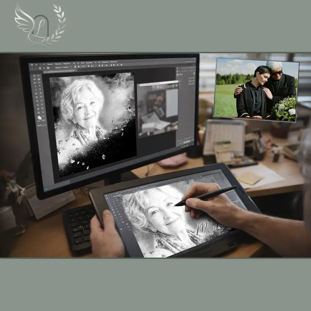 Création artistique plaque funéraire Étoile sur tablette graphique en studio