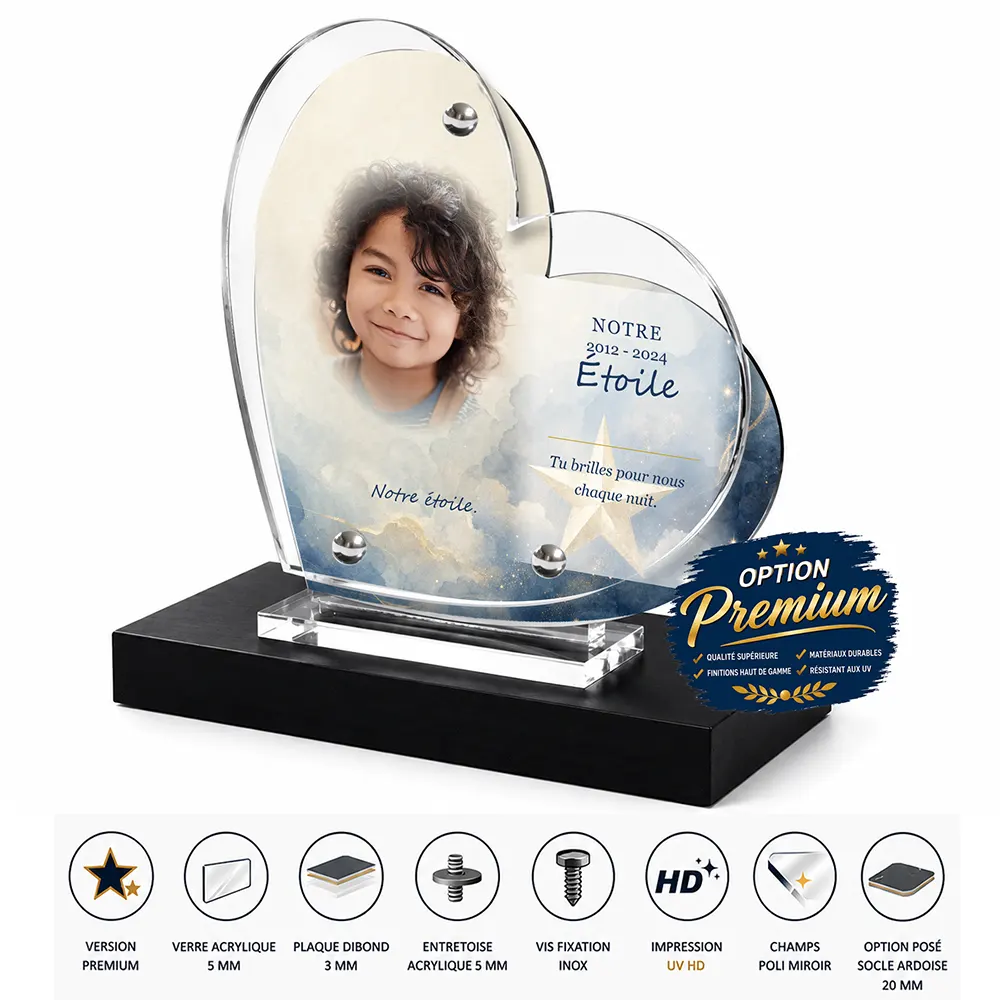 Plaque funéraire cœur Étoile finition premium présentée sur socle en ardoise