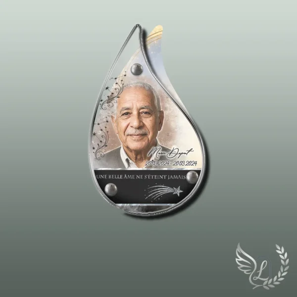 Plaque funéraire flamme étoile collée sur pierre tombale, double-face professionnel inclus, 1er sous-décor du thème