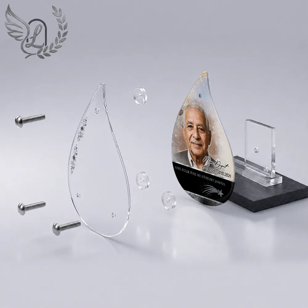 Vue éclatée plaque funéraire Flamme Étoile : construction sandwich plexi imprimé miroir, 3 entretoises, dibond et bloc ardoise