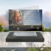 Plaque funéraire panoramique étoile posée sur socle ardoise du Brésil, fixation inox, 1er sous-décor