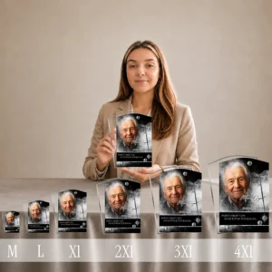Gamme de plaques funéraires rectangulaires en plexiglas argenté avec portrait et motif étoile, présentées du format mini au grand format, finition chrome brillant