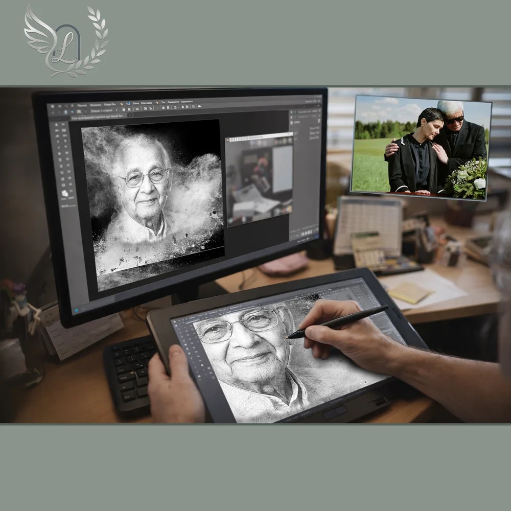 Création artistique plaque funéraire Étoile sur tablette graphique en studio