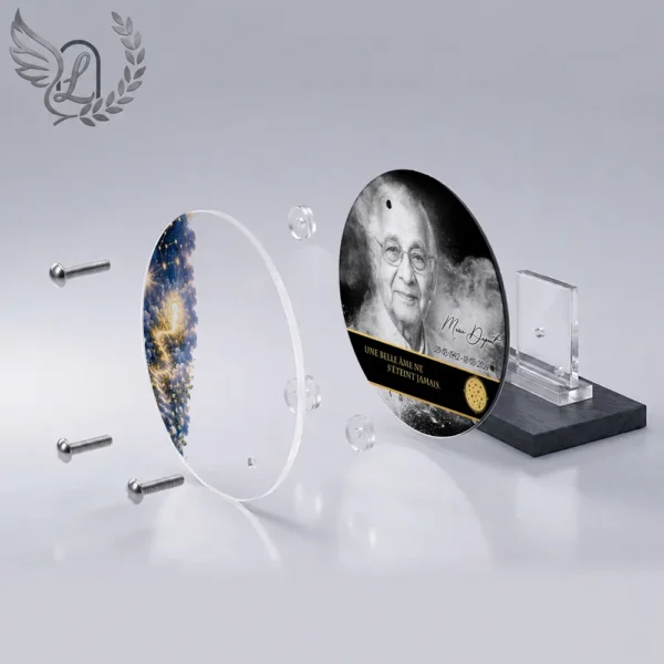Plaque funéraire médaillon rond étoile en vue éclatée : assemblage 5 couches plexiglas, entretoises chromées, dibond aluminium, vis inox 316