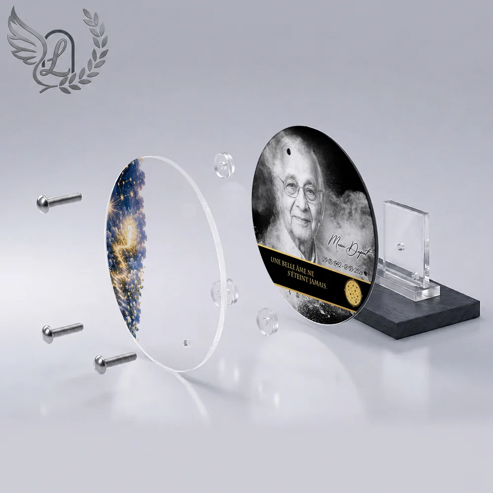 Vue éclatée plaque funéraire Circulaire Étoile : construction sandwich plexi imprimé miroir, 3 entretoises, dibond et bloc ardoise