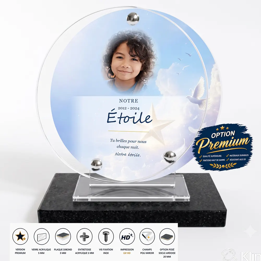 Plaque funéraire circulaire Étoile finition premium présentée sur socle en ardoise