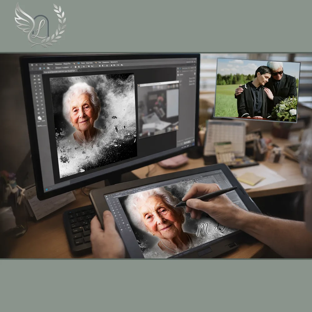 Création artistique plaque funéraire Infini sur tablette graphique en studio