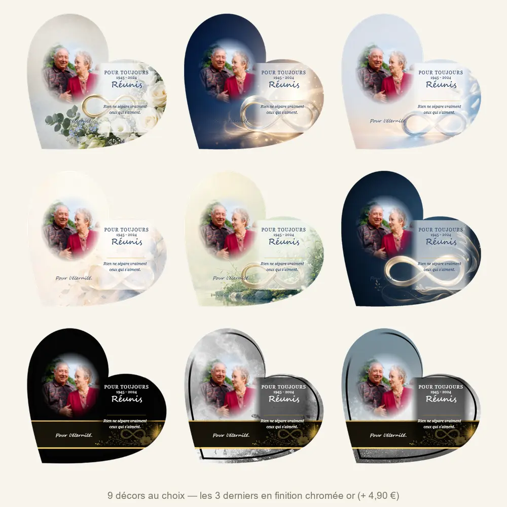 Plaque funéraire cœur Infini — neuf décors de fond au choix