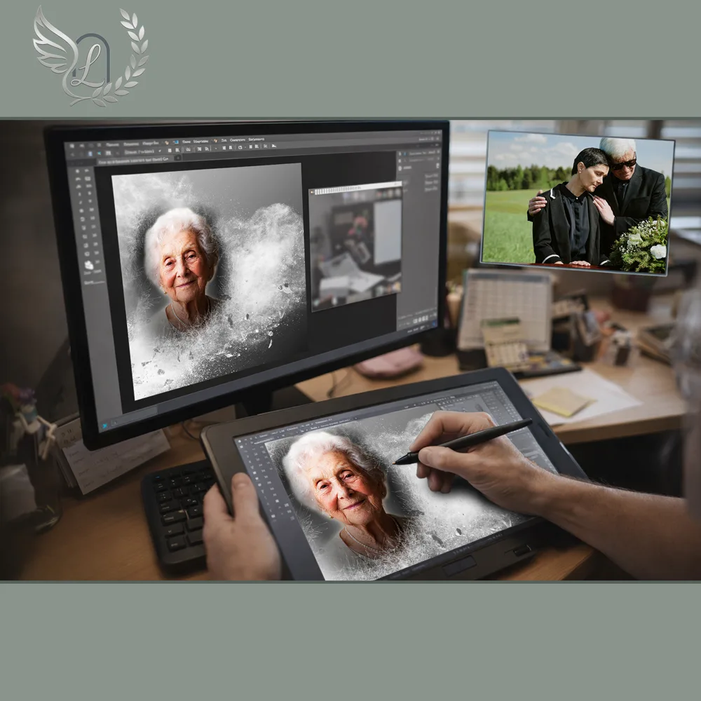 Création artistique plaque funéraire Infini sur tablette graphique en studio