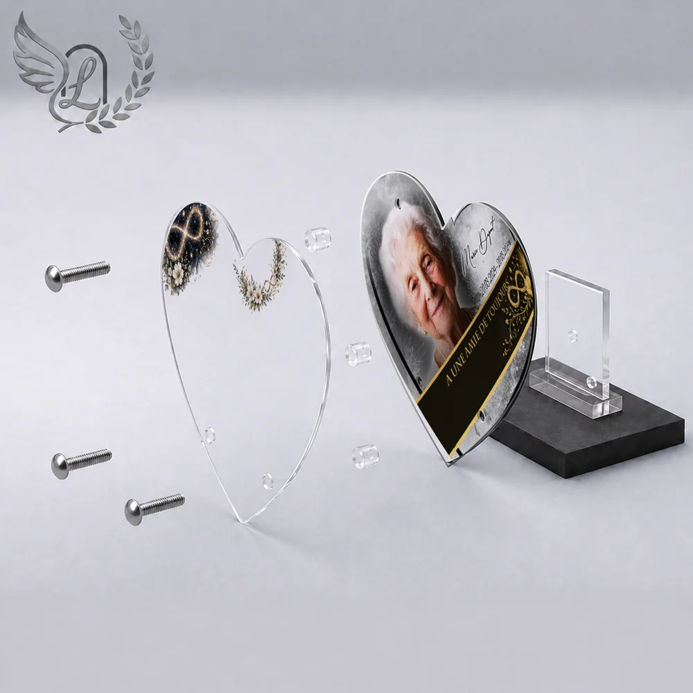 Vue éclatée plaque funéraire Cœur Infini : construction sandwich plexi imprimé miroir, 3 entretoises, dibond et bloc ardoise
