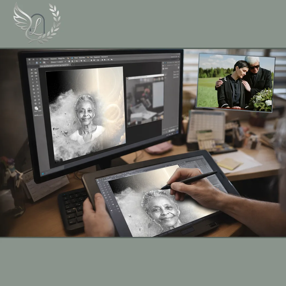 Création artistique plaque funéraire Infini sur tablette graphique en studio