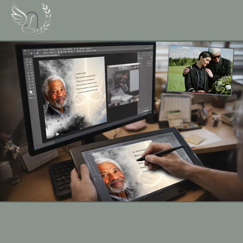 Création artistique plaque funéraire Infini sur tablette graphique en studio