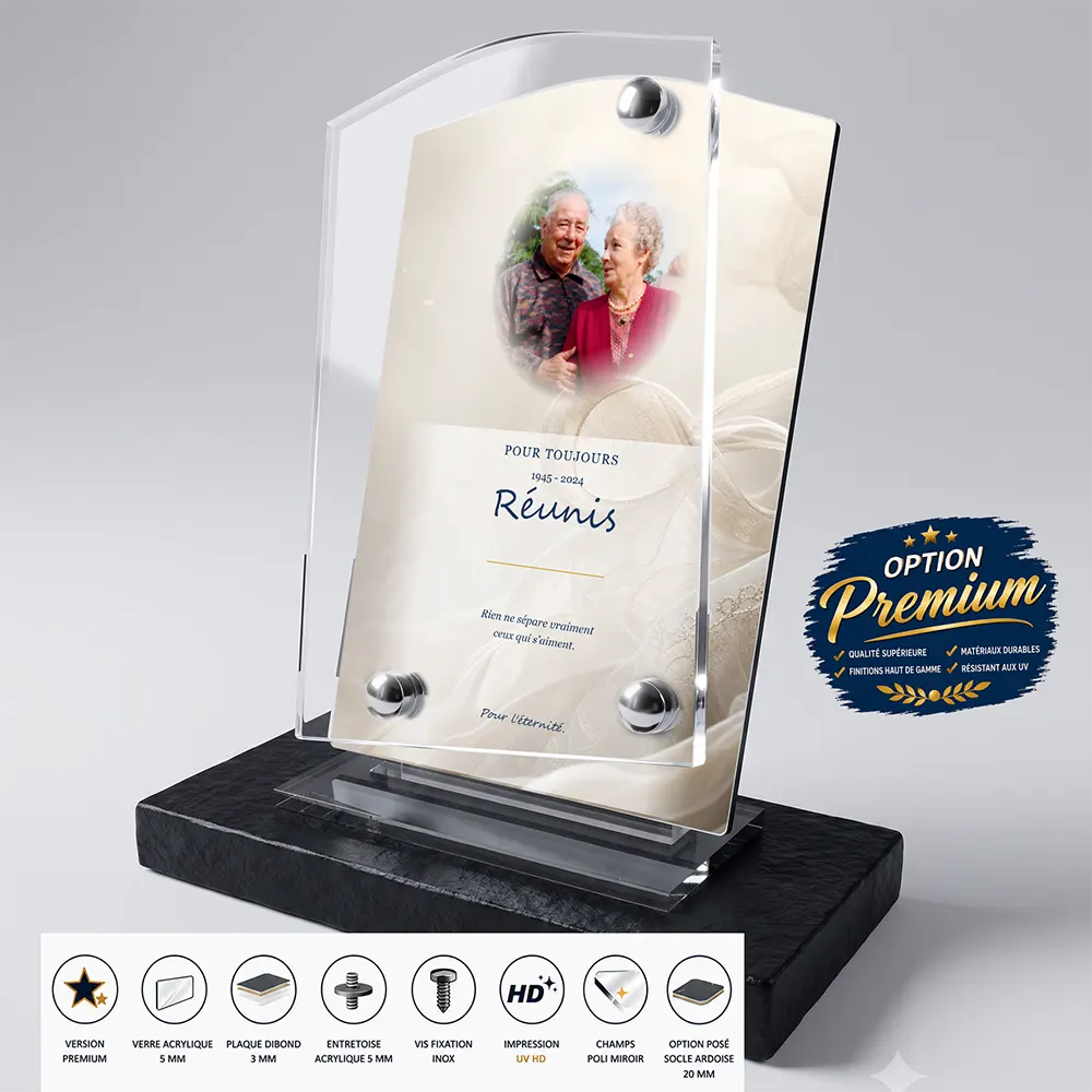 Plaque funéraire stèle Infini finition premium présentée sur socle en ardoise