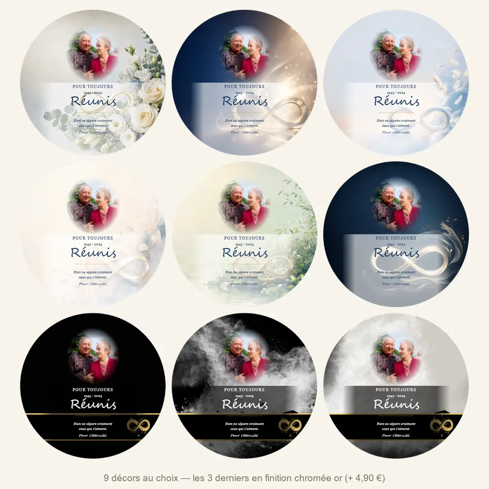 Plaque funéraire circulaire Infini — neuf décors de fond au choix