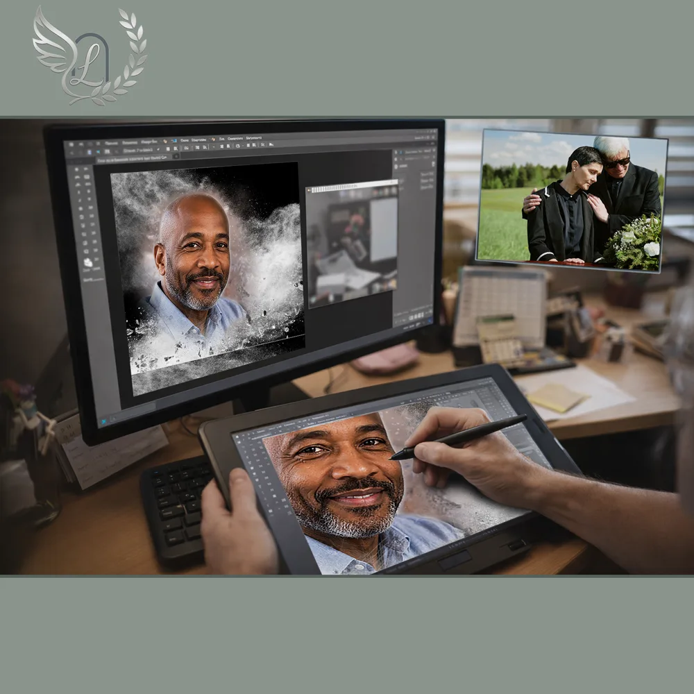 Création artistique plaque funéraire Infini sur tablette graphique en studio