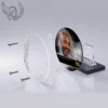 Plaque funéraire médaillon rond infini en vue éclatée : assemblage 5 couches plexiglas, entretoises chromées, dibond aluminium, vis inox 316