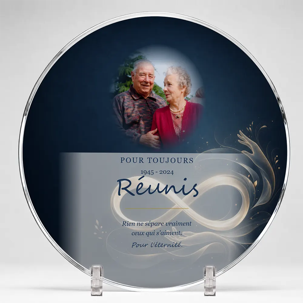 Plaque funéraire circulaire Infini personnalisée — portrait, texte libre et fond au choix, présentée sur pied plexi