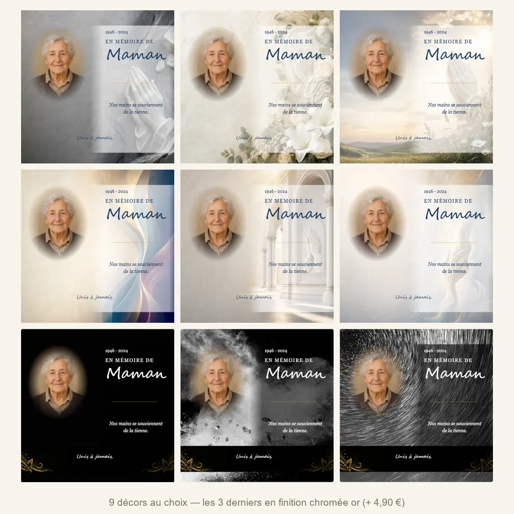 Plaque funéraire carré Mains jointes — neuf décors de fond au choix