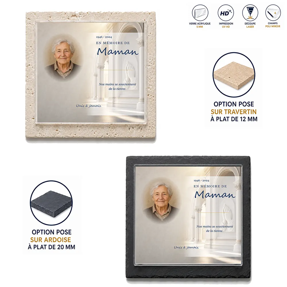 Plaque funéraire carré Mains jointes — supports au choix, socle ardoise ou travertin