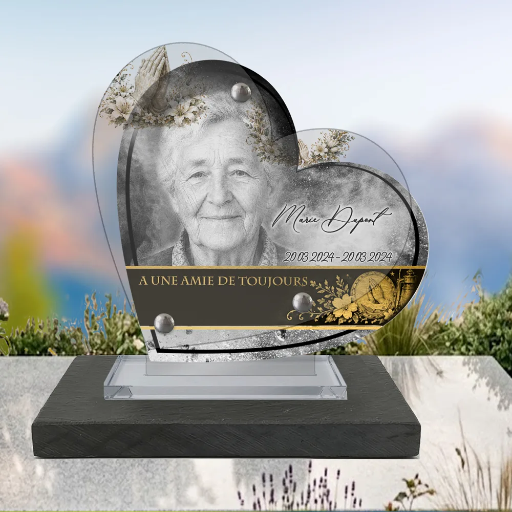 Plaque Cœur Mains jointes à poser sur socle ardoise du Brésil