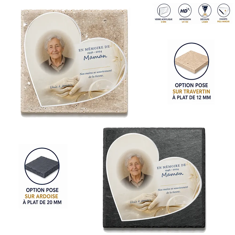 Plaque funéraire cœur Mains jointes — supports au choix, socle ardoise ou travertin