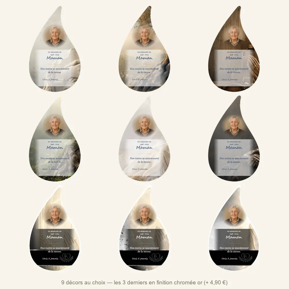 Plaque funéraire flamme Mains jointes — neuf décors de fond au choix
