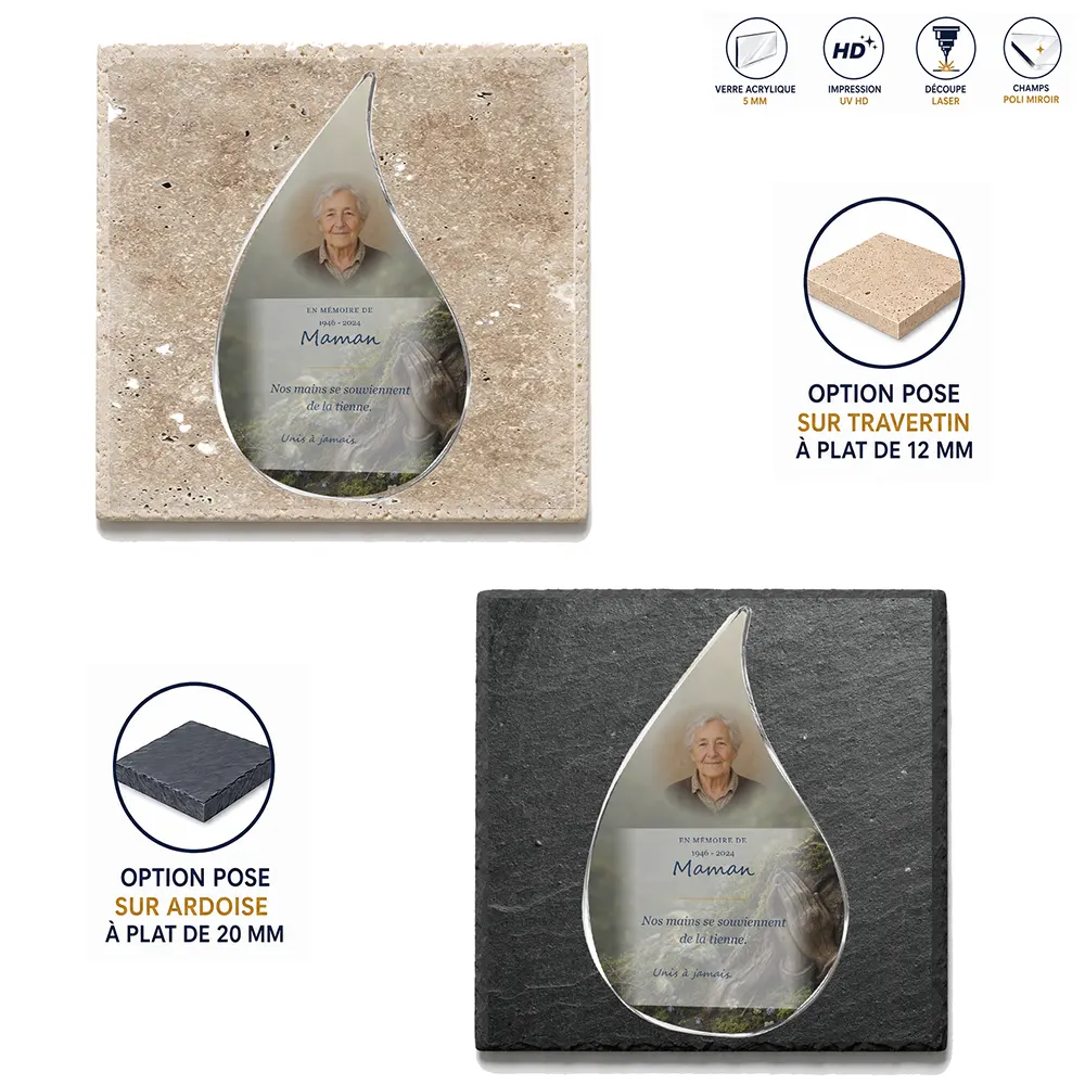 Plaque funéraire flamme Mains jointes — supports au choix, socle ardoise ou travertin