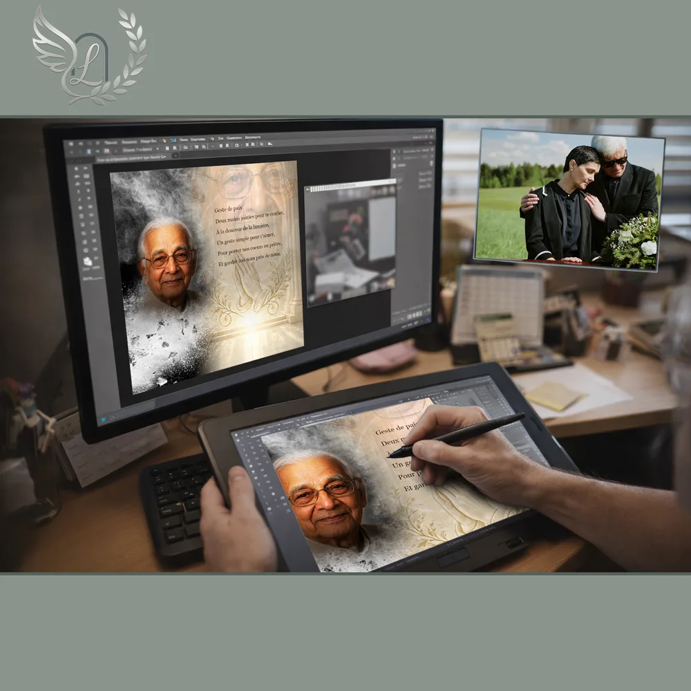 Création artistique plaque funéraire Mains jointes sur tablette graphique en studio