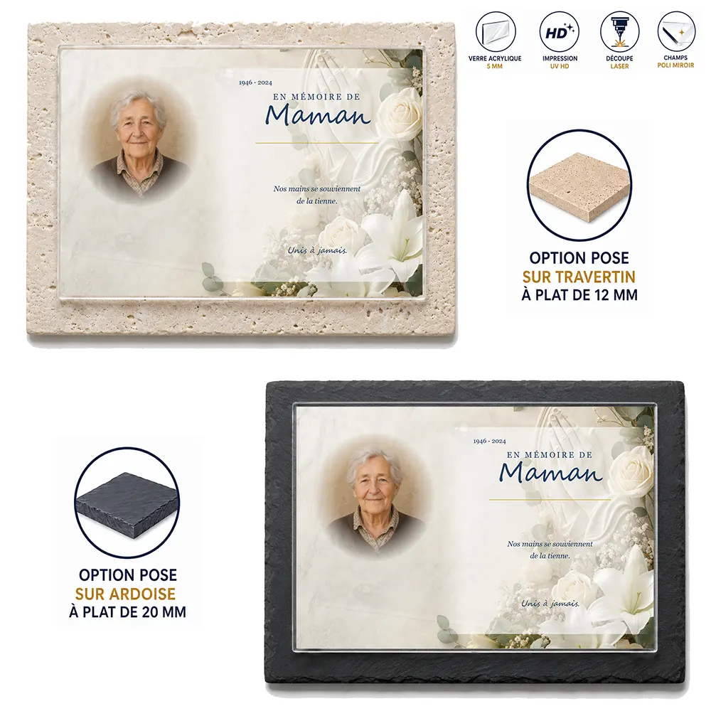 Plaque funéraire panoramique Mains jointes — supports au choix, socle ardoise ou travertin