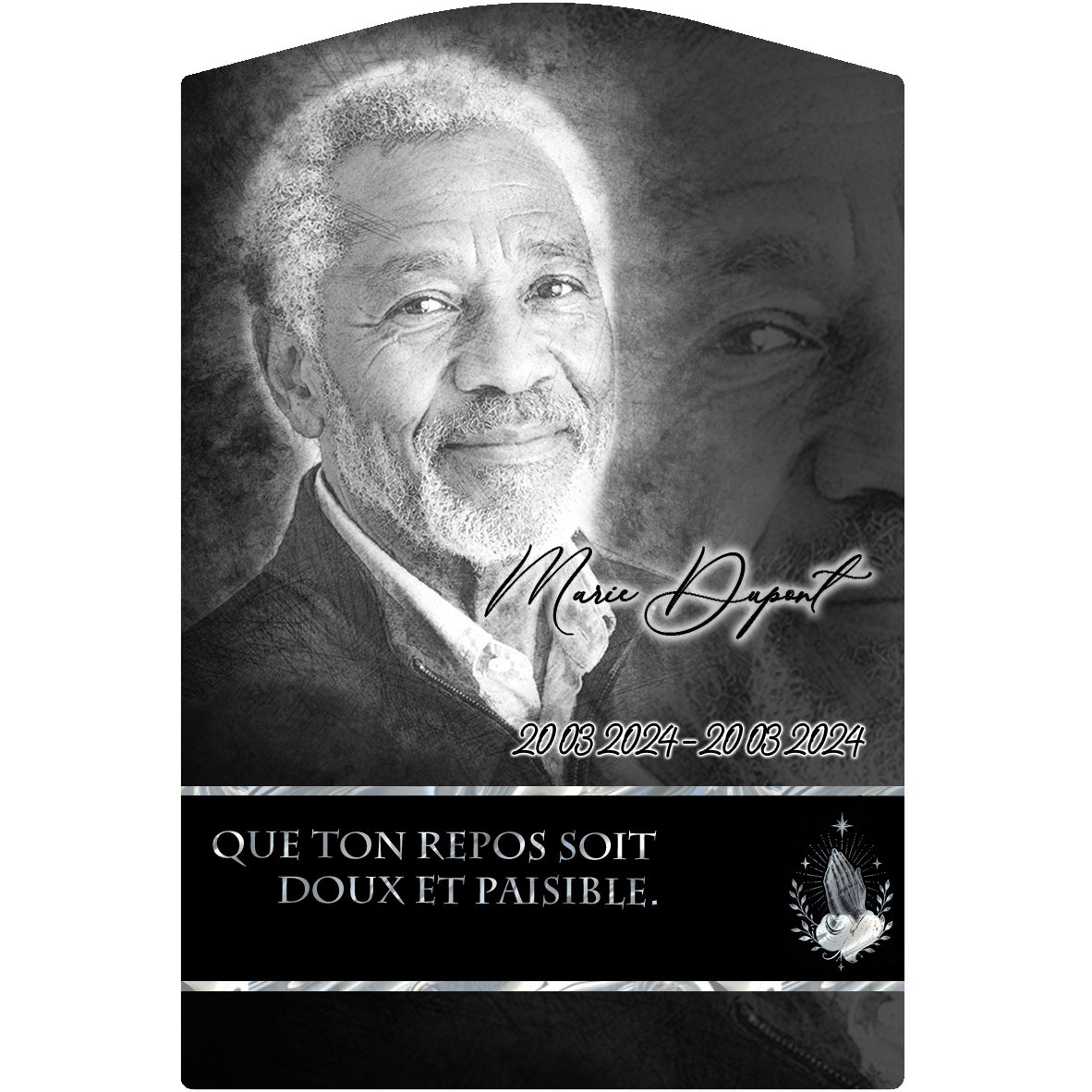 Plaque Stèle Mains jointes effet Crayon, ambiance complète portrait + fond