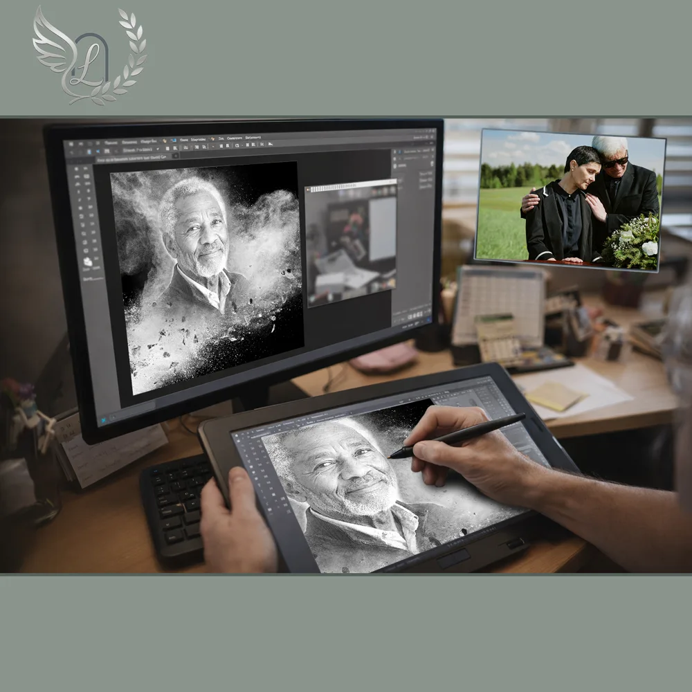 Création artistique plaque funéraire Mains jointes sur tablette graphique en studio