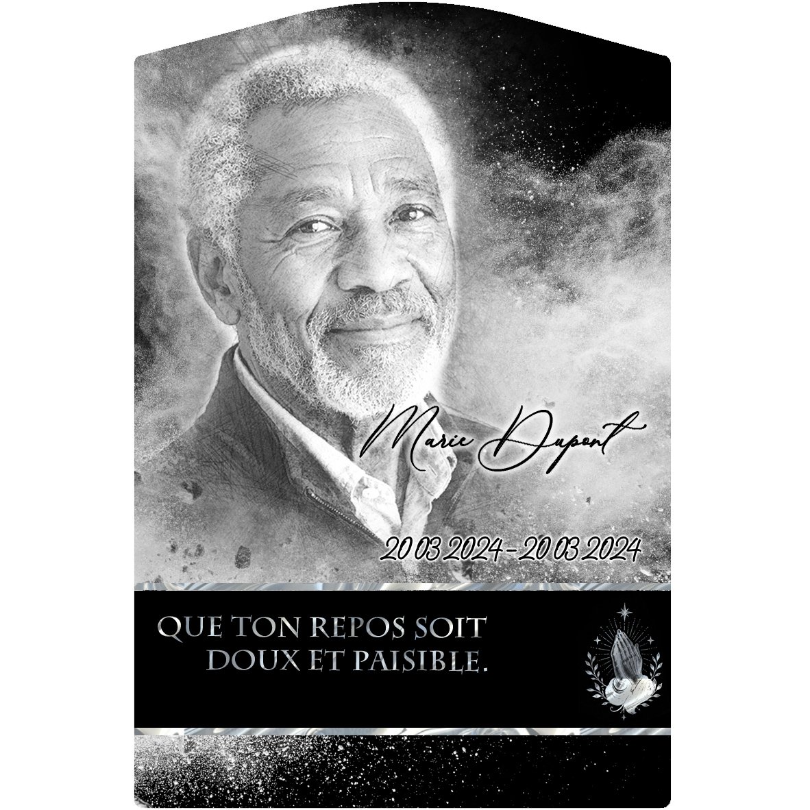 Plaque Stèle Mains jointes effet Éclat, ambiance complète portrait + fond