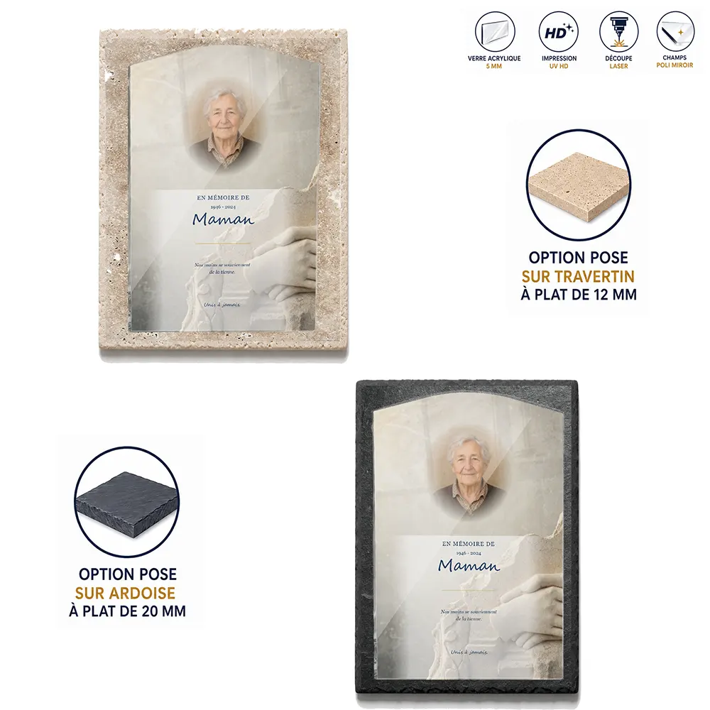 Plaque funéraire stèle Mains jointes — supports au choix, socle ardoise ou travertin