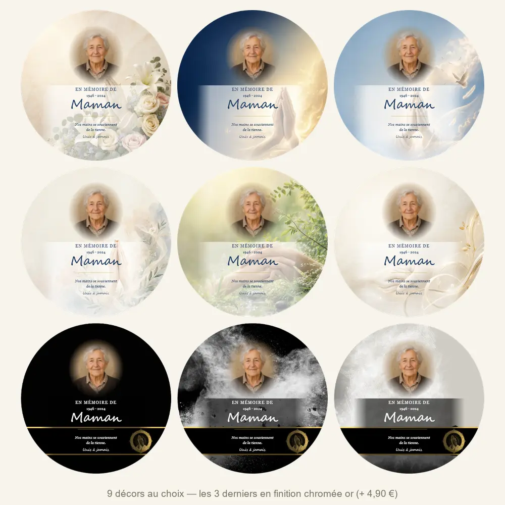 Plaque funéraire circulaire Mains jointes — neuf décors de fond au choix