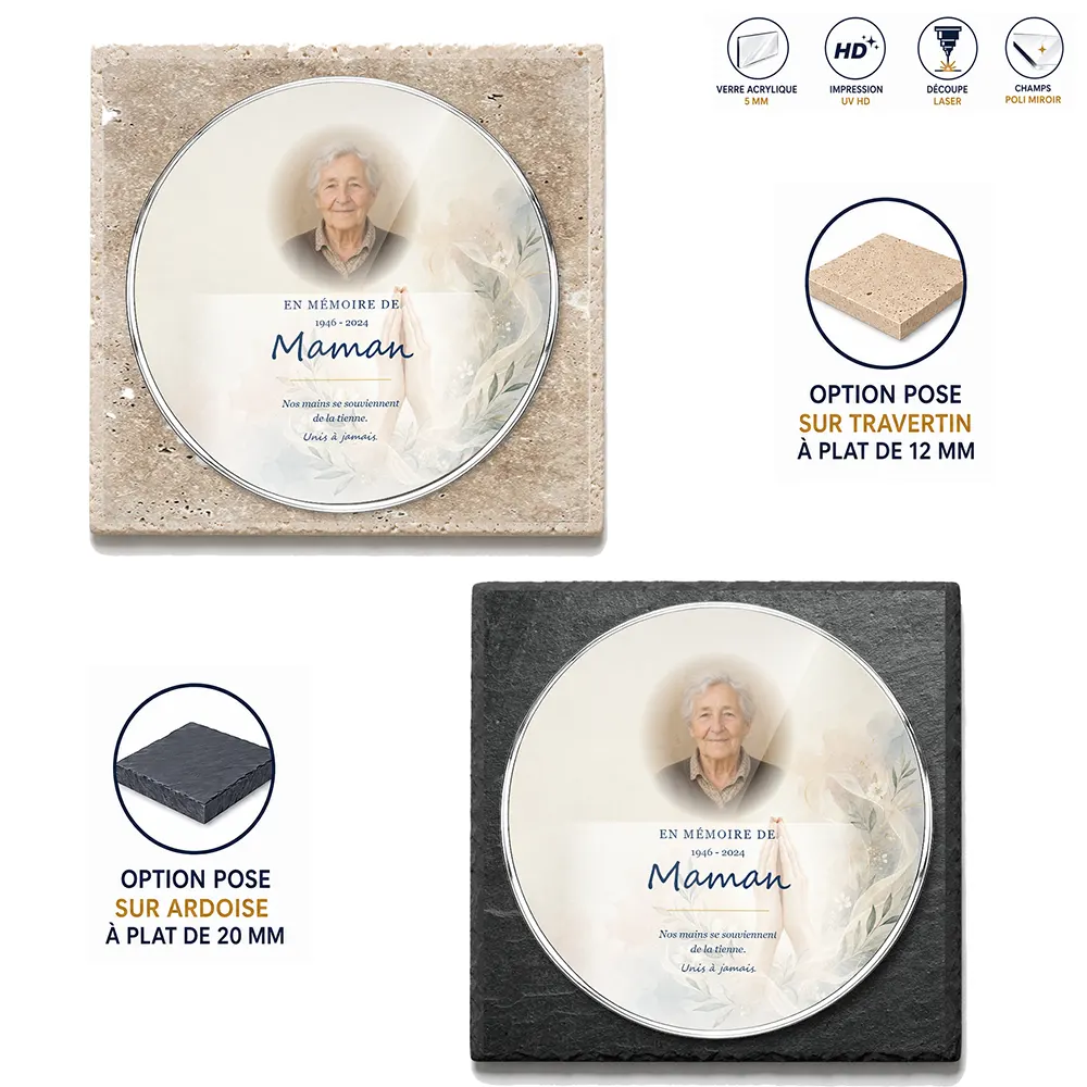 Plaque funéraire circulaire Mains jointes — supports au choix, socle ardoise ou travertin