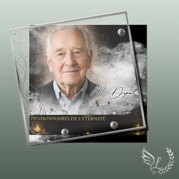 Plaque funéraire carré flamme éternelle collée sur pierre tombale, double-face professionnel inclus, 1er sous-décor du thème