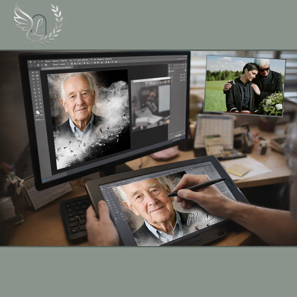 Création artistique plaque funéraire Flamme éternelle sur tablette graphique en studio
