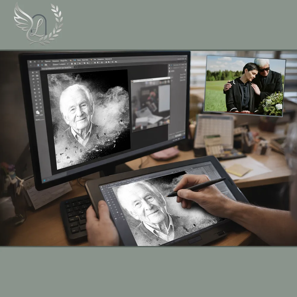 Création artistique plaque funéraire Flamme éternelle sur tablette graphique en studio