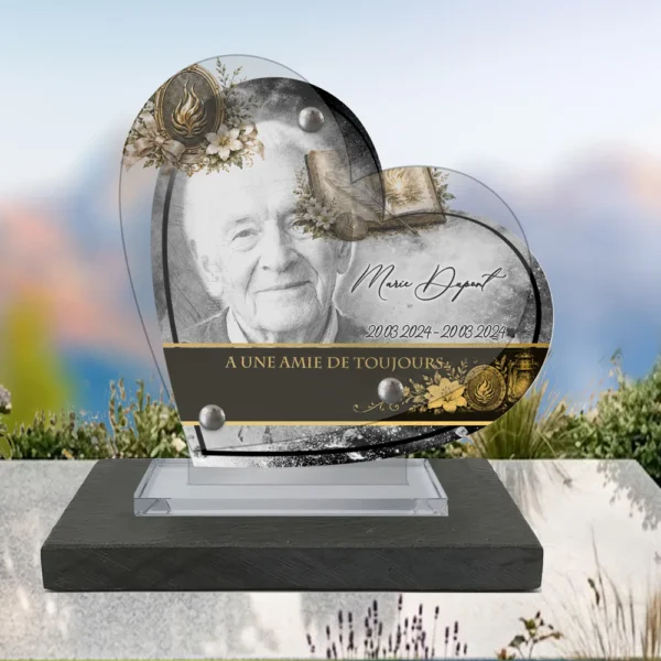 Plaque funéraire cœur flamme éternelle posée sur socle ardoise du Brésil, fixation inox, 1er sous-décor