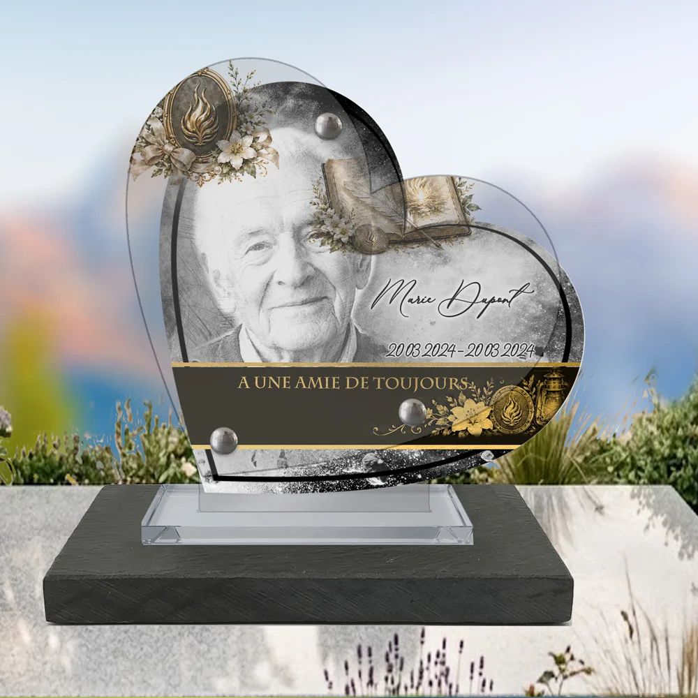 Plaque Cœur Flamme éternelle à poser sur socle ardoise du Brésil