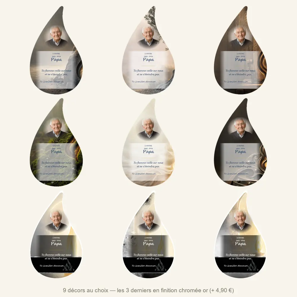 Plaque funéraire flamme Flamme éternelle — neuf décors de fond au choix