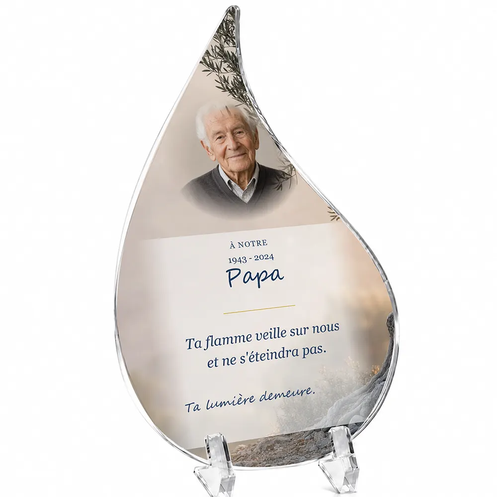 Plaque funéraire flamme Flamme éternelle personnalisée — portrait, texte libre et fond au choix, présentée sur pied plexi