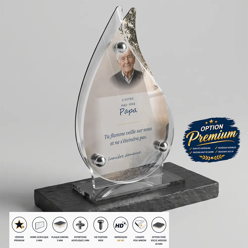 Plaque funéraire flamme Flamme éternelle finition premium présentée sur socle en ardoise
