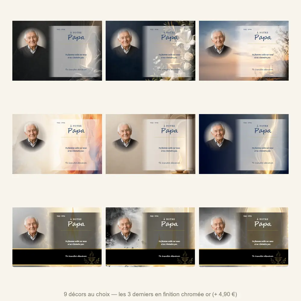 Plaque funéraire panoramique Flamme éternelle — neuf décors de fond au choix