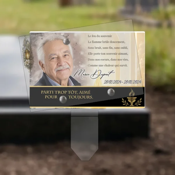 Plaque funéraire panoramique flamme éternelle plantée par appendice plexiglas, sol meuble ou pot, 1er sous-décor