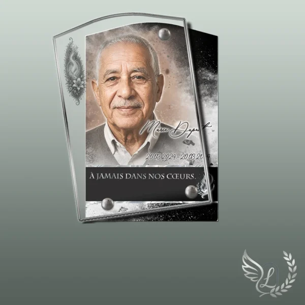 Plaque funéraire rectangle flamme éternelle collée sur pierre tombale, double-face professionnel inclus, 1er sous-décor du thème