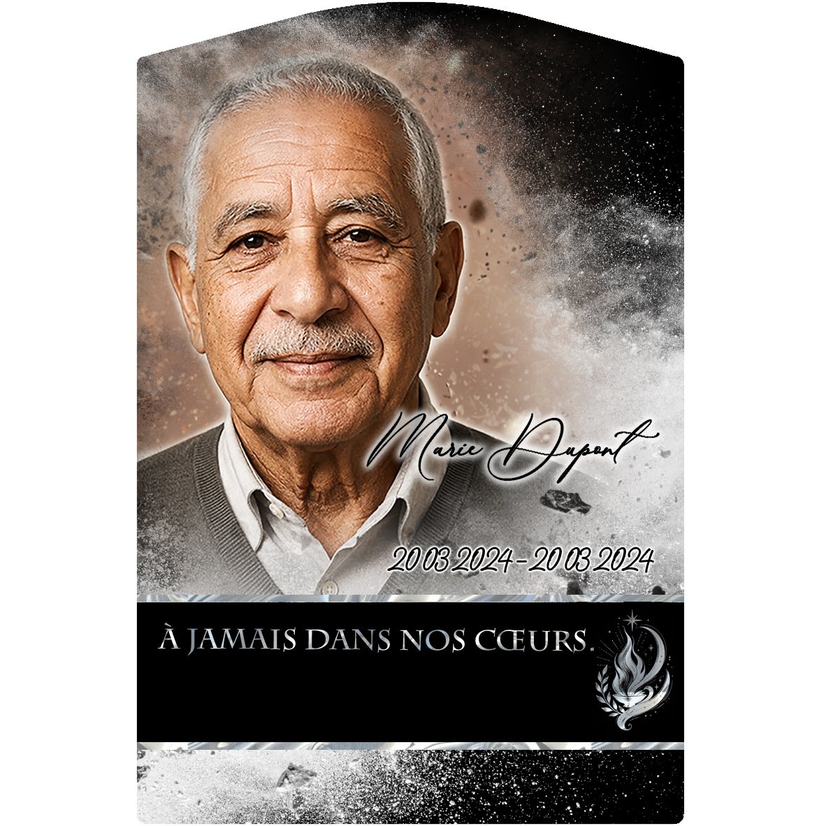 Plaque Stèle Flamme éternelle effet Éclat, ambiance complète portrait + fond