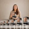 Gamme complète de plaques funéraires rectangulaires en plexiglas argent, du format M au 4XL, présentées côte à côte avec portrait personnalisé et flamme éternelle gravée