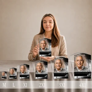 Gamme complète de plaques funéraires rectangulaires en plexiglas argent, du format M au 4XL, présentées côte à côte avec portrait personnalisé et flamme éternelle gravée